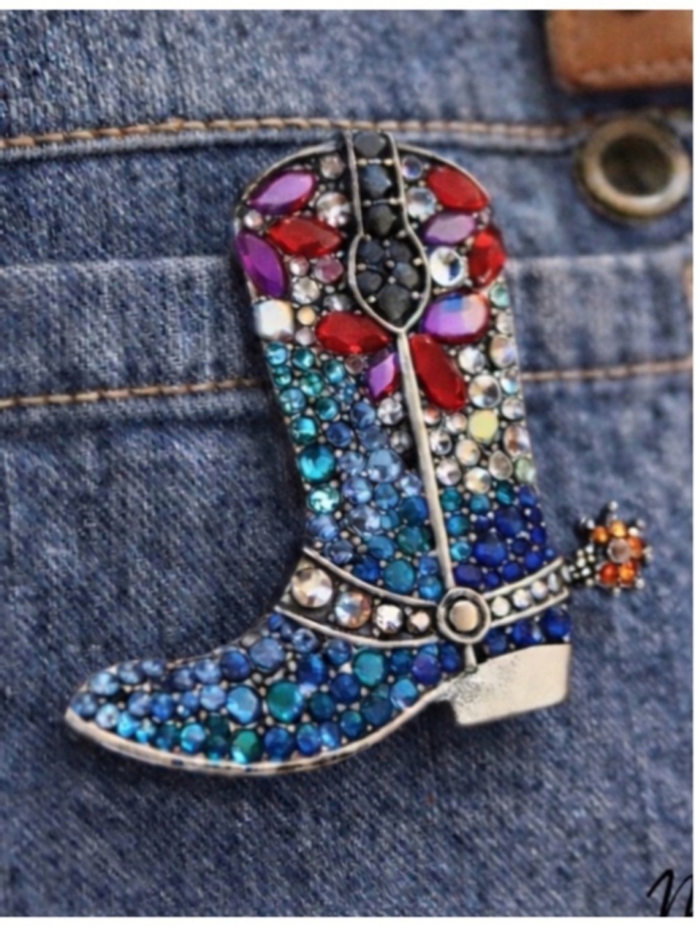 NEW Cowboy Boot Rhinestone Brooch Pin Western Bag Charm Blue Red Crystal NWT
